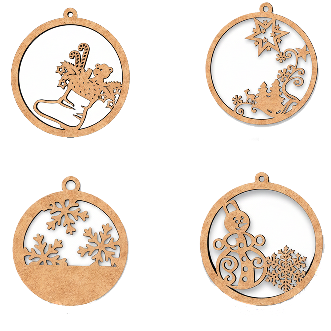 DIY MDF Christmas ornament set cutouts with snowflakes, stars, stocking and festive characters for craft and painting
