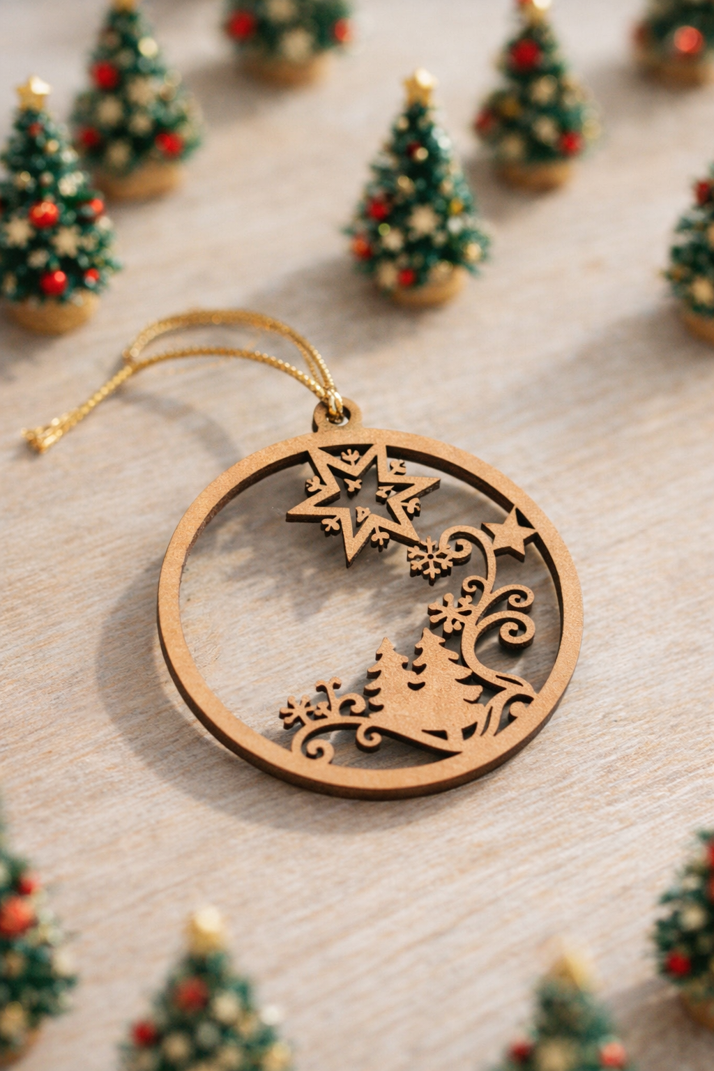 Laser-cut MDF Christmas ring ornament with star, snowflake, and pine tree cutout design, placed on a wooden surface with hanging cord and mini Christmas trees in the background.