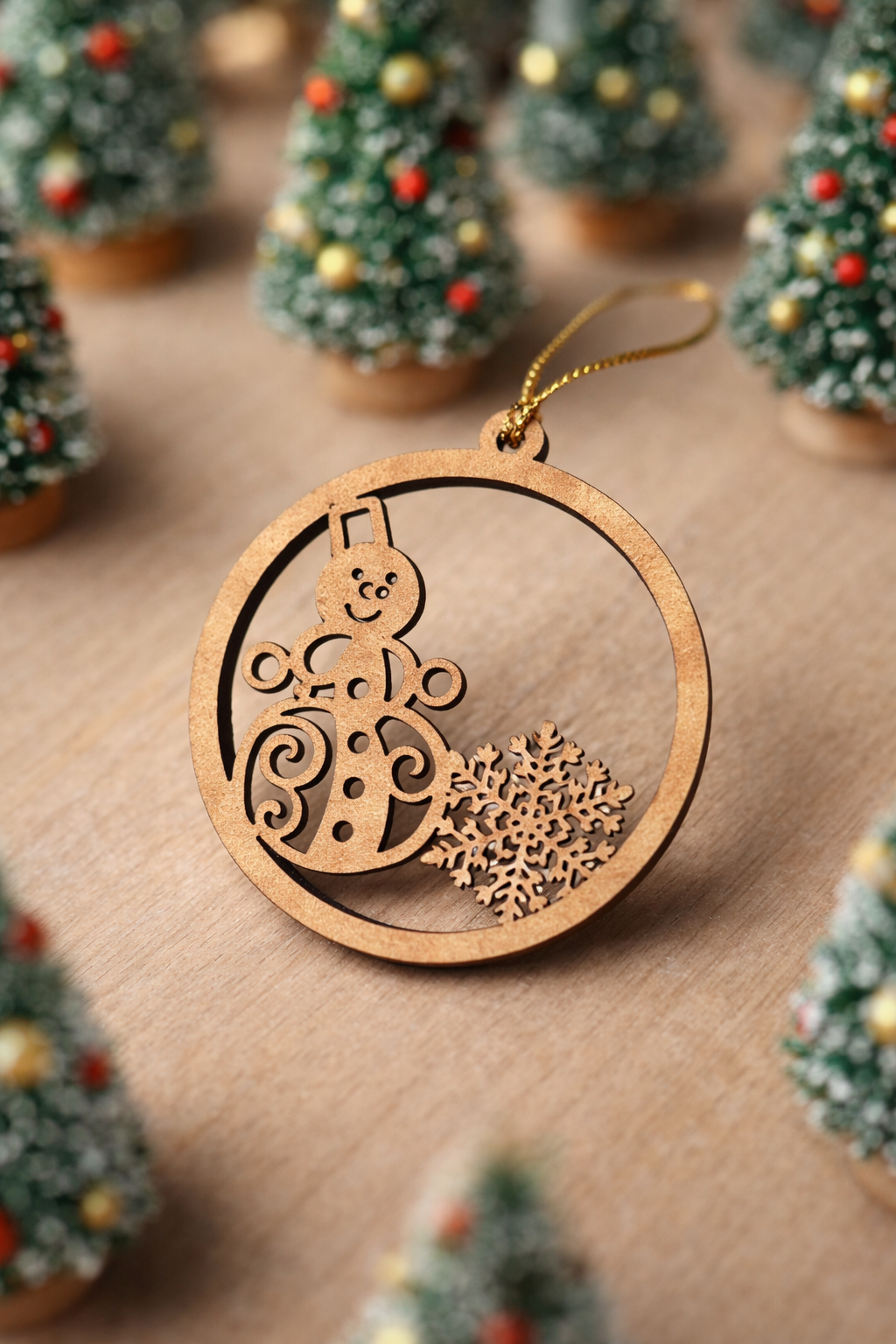 Laser-cut MDF Christmas ring ornament snowflake, and pine tree cutout design, placed on a wooden surface 