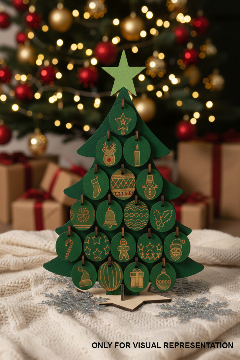 MDF Christmas countdown tree with hanging ornaments for craft with decorative Christmas background 
