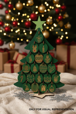 MDF Christmas countdown tree with hanging ornaments for craft with decorative Christmas background 