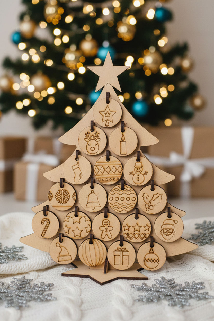 DIY MDF Christmas countdown tree with hanging ornaments for craft with decorative background 