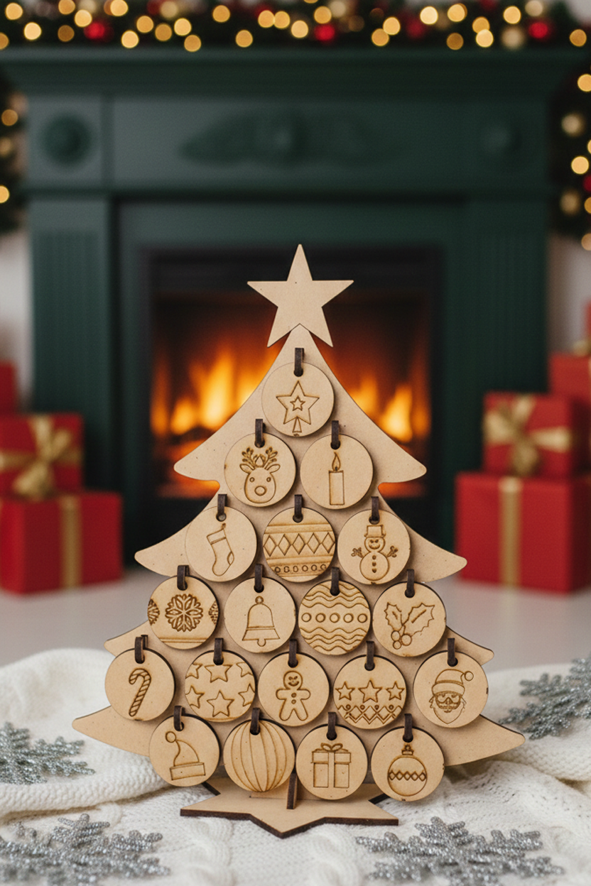 DIY MDF Christmas countdown tree with hanging ornaments for craft with decorative background 