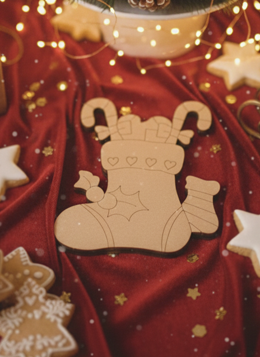 DIY MDF Christmas stocking cutout for Christmas craft with decorative background 