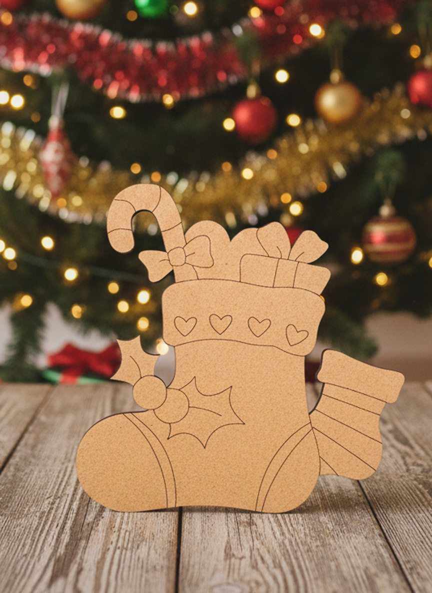 DIY MDF Christmas stocking cutout for Christmas craft standing on wooden table 