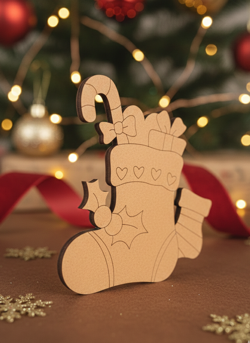 DIY MDF Christmas stocking cutout for Christmas craft by side angle 