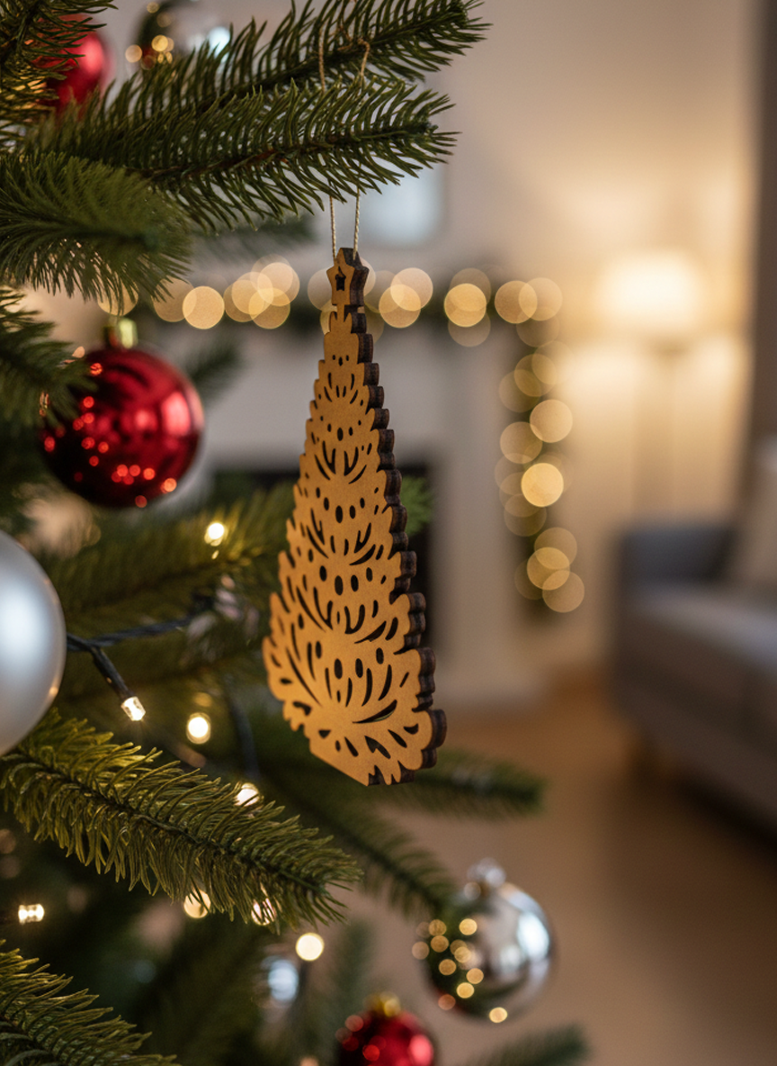 DIY MDF Christmas tree cutout for Christmas craft hanging on Christmas tree