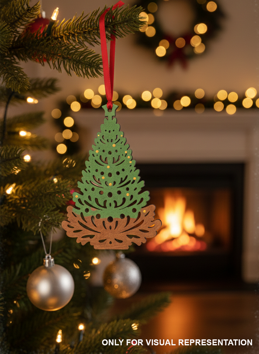MDF Christmas tree cutout hanging on Christmas tree 