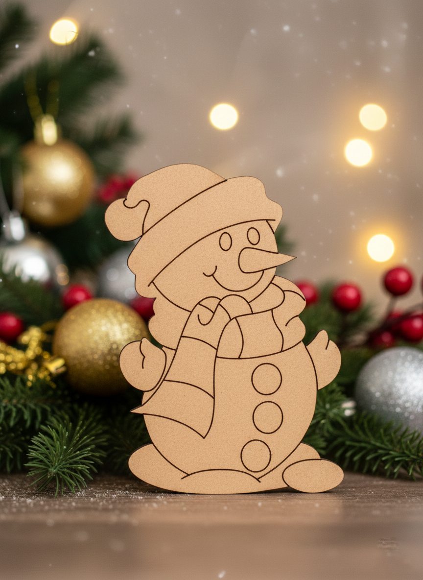 DIY MDF snowman cutout for Christmas craft with decorative background 