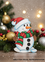 MDF snowman cutout for Christmas craft with Christmas decorative background 