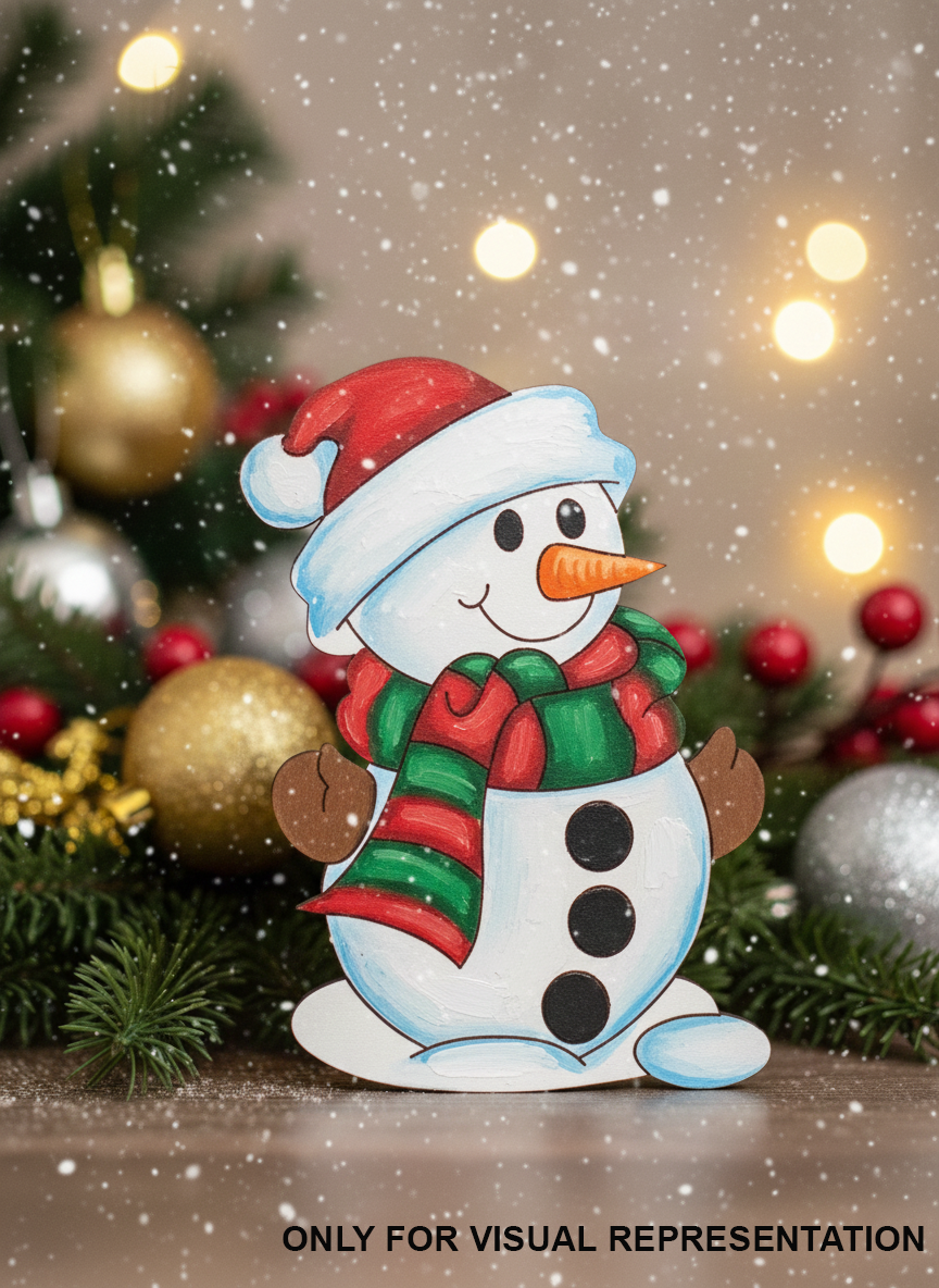 MDF snowman cutout for Christmas craft with Christmas decorative background 