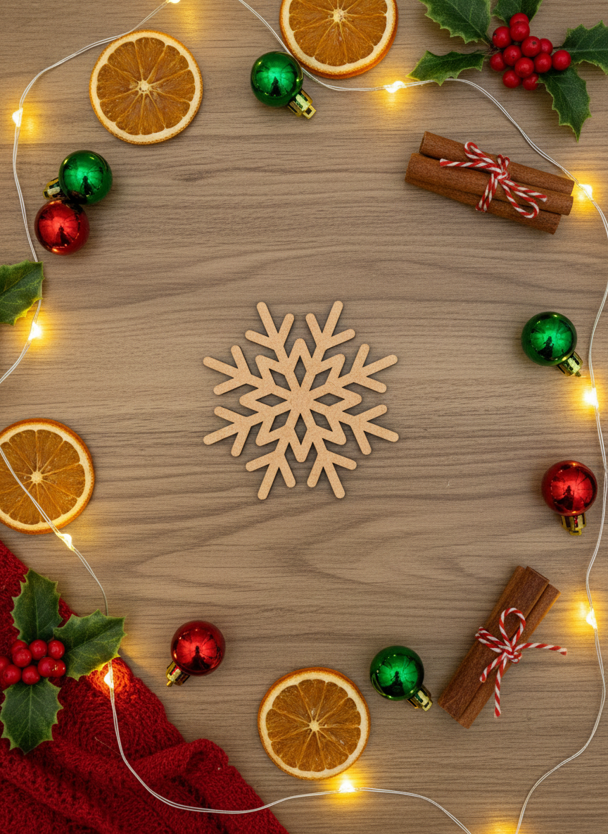 DIY MDF snowflake cutout set for Christmas craft on decorative table 