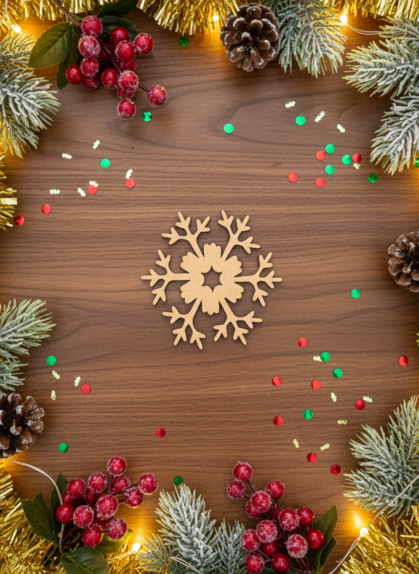 DIY MDF snowflake cutout set for Christmas craft on decorative table 