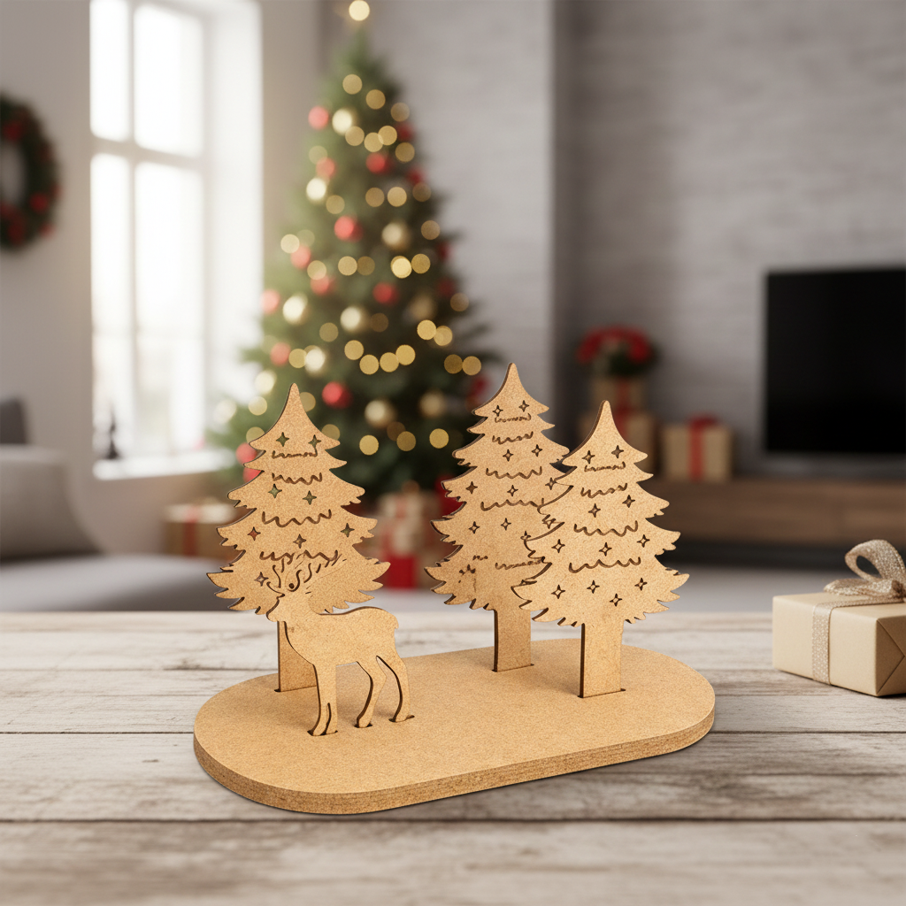 DIY MDF winter forest reindeer scene standing décor cutout for Christmas craft and painting show on wooden table 
