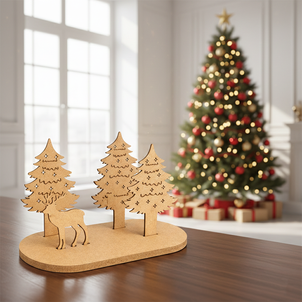 DIY MDF winter forest reindeer scene standing décor cutout for Christmas craft and painting show on wooden table 