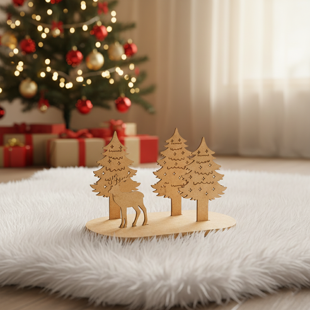 Mini MDF Christmas forest tabletop decor with cutout pine trees and a deer on a wooden base, placed on a fluffy white rug with a blurred Christmas tree and gifts in the background.