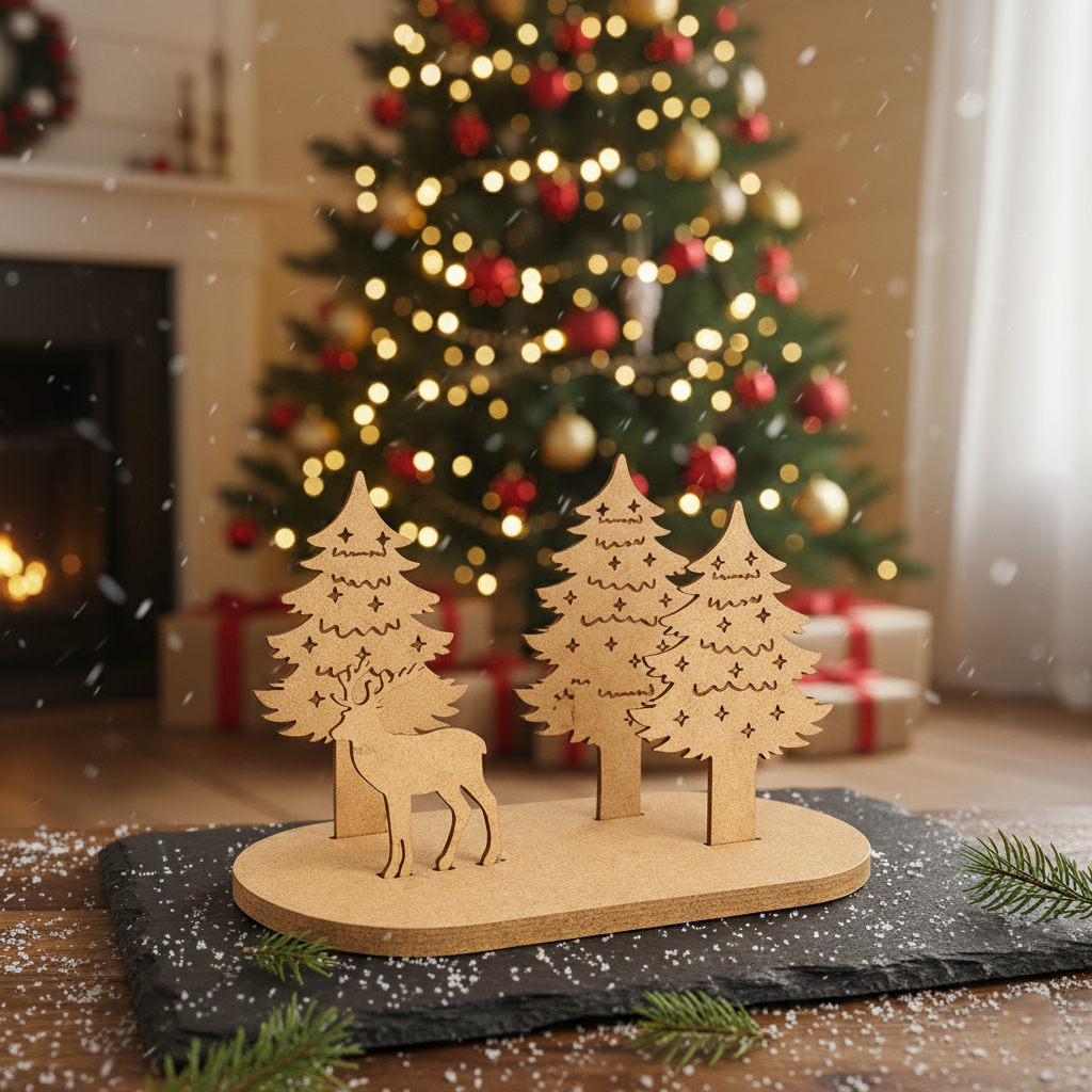 DIY MDF winter forest reindeer scene standing décor cutout for Christmas craft and painting standing stone