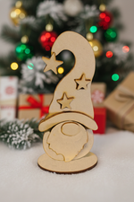 DIY MDF standing Christmas gnome cutout with star hat for craft and painting with decorative back ground