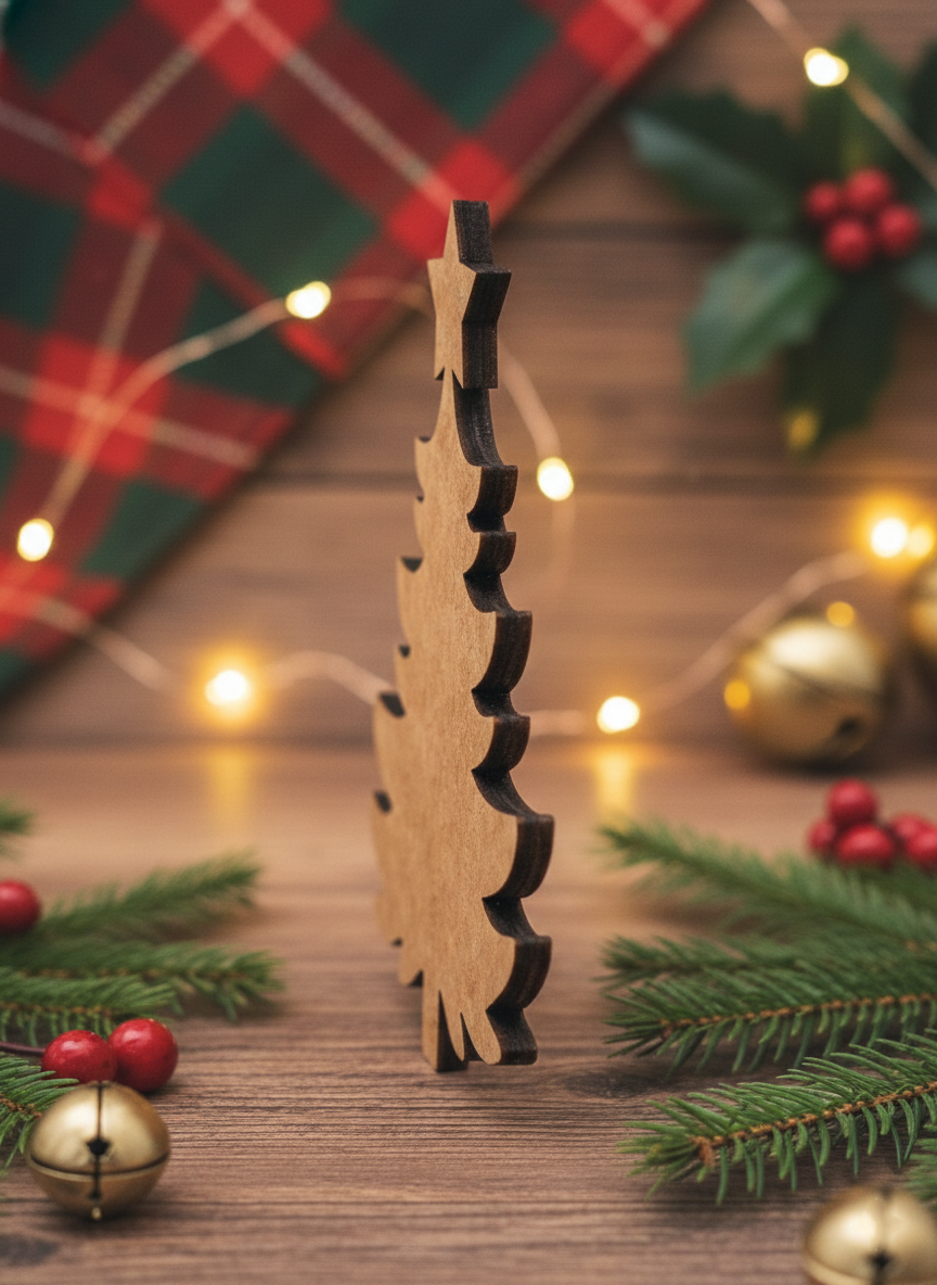 Unpainted DIY MDF Christmas tree cutout with star topper by side angle 