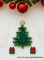 MDF Christmas tree cutout with star topper, displayed on a snowflake-patterned background with festive garland, fairy lights, pinecones, and red baubles.