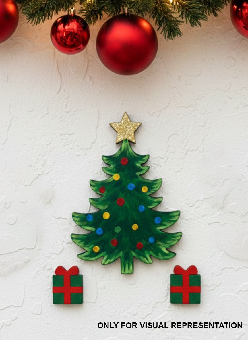  MDF Christmas tree cutout with star topper, displayed on a snowflake-patterned background with festive garland, fairy lights, pinecones, and red baubles.