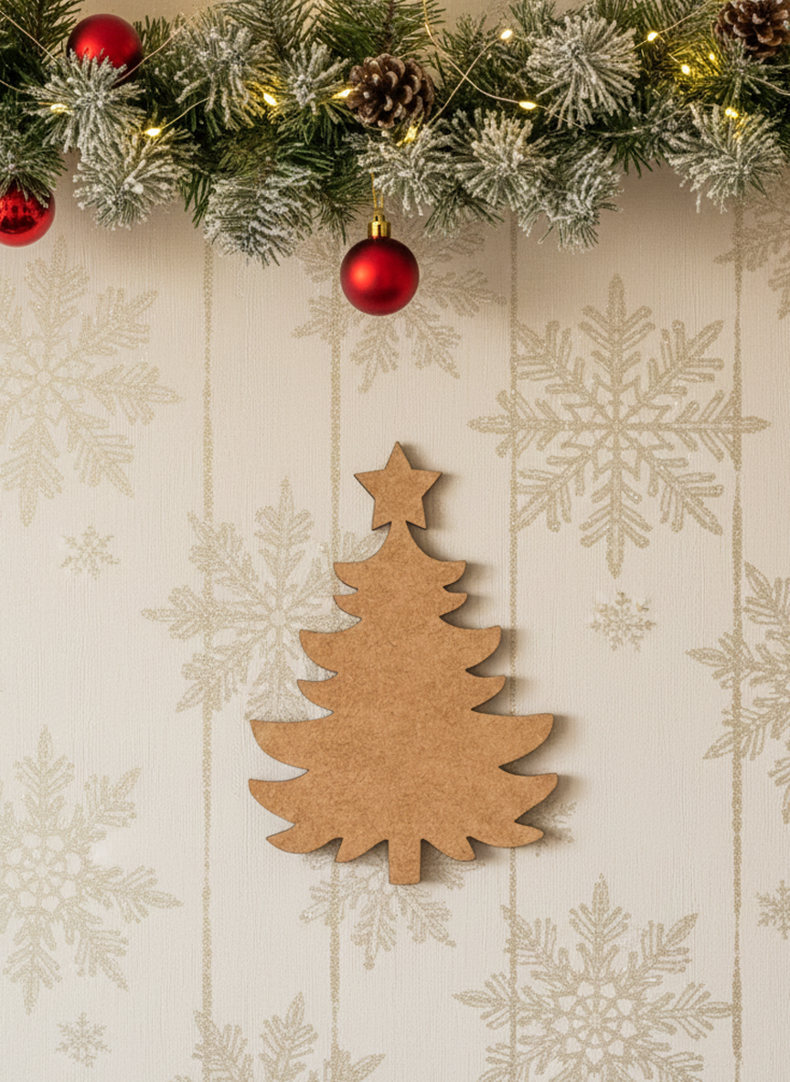 Unpainted DIY MDF Christmas tree cutout with star topper, displayed on a snowflake-patterned background with festive garland, fairy lights, pinecones, and red baubles.