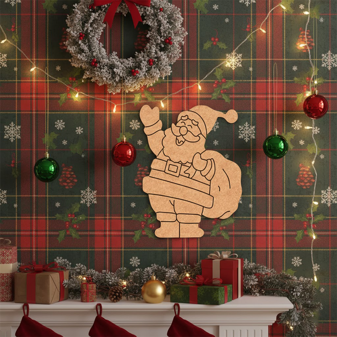 Unpainted DIY MDF Santa Claus wall cutout with engraved outline, displayed on a festive plaid background with wreath, hanging baubles, fairy lights, and Christmas gifts.