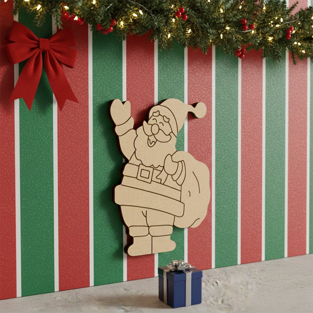 DIY MDF Santa Claus cutout with gift sack for Christmas craft and painting mounted on decoratiev wall