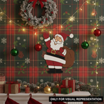 painted MDF Santa Claus wall cutout with engraved outline, displayed on a festive plaid background with wreath, hanging baubles, fairy lights, and Christmas gifts.