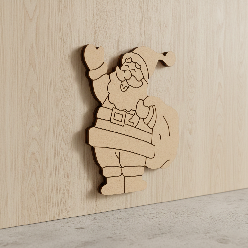 DIY MDF Santa Claus cutout with gift sack for Christmas craft and painting mounted on wooden wall