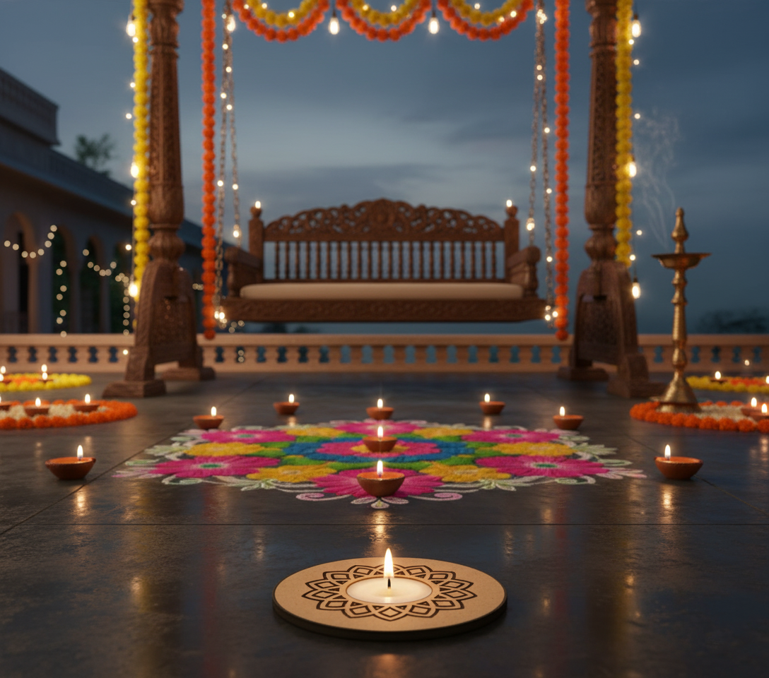 Decorative setup with a swing, candles, and rangoli patterns on a dark surface with mdf tealight candle holder.