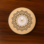 Mandala engraved round MDF T-Light Holder with burning tealight candle 