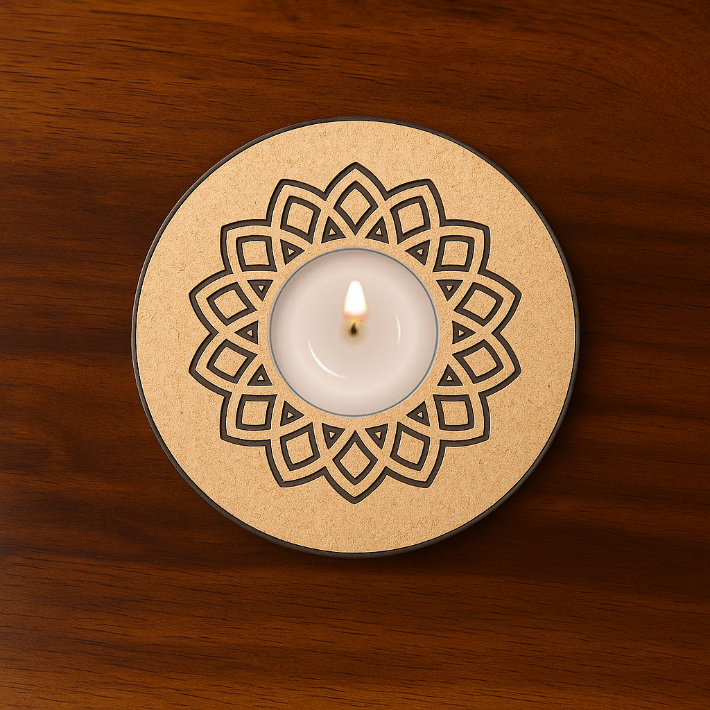 Mandala engraved round MDF T-Light Holder with burning tealight candle 