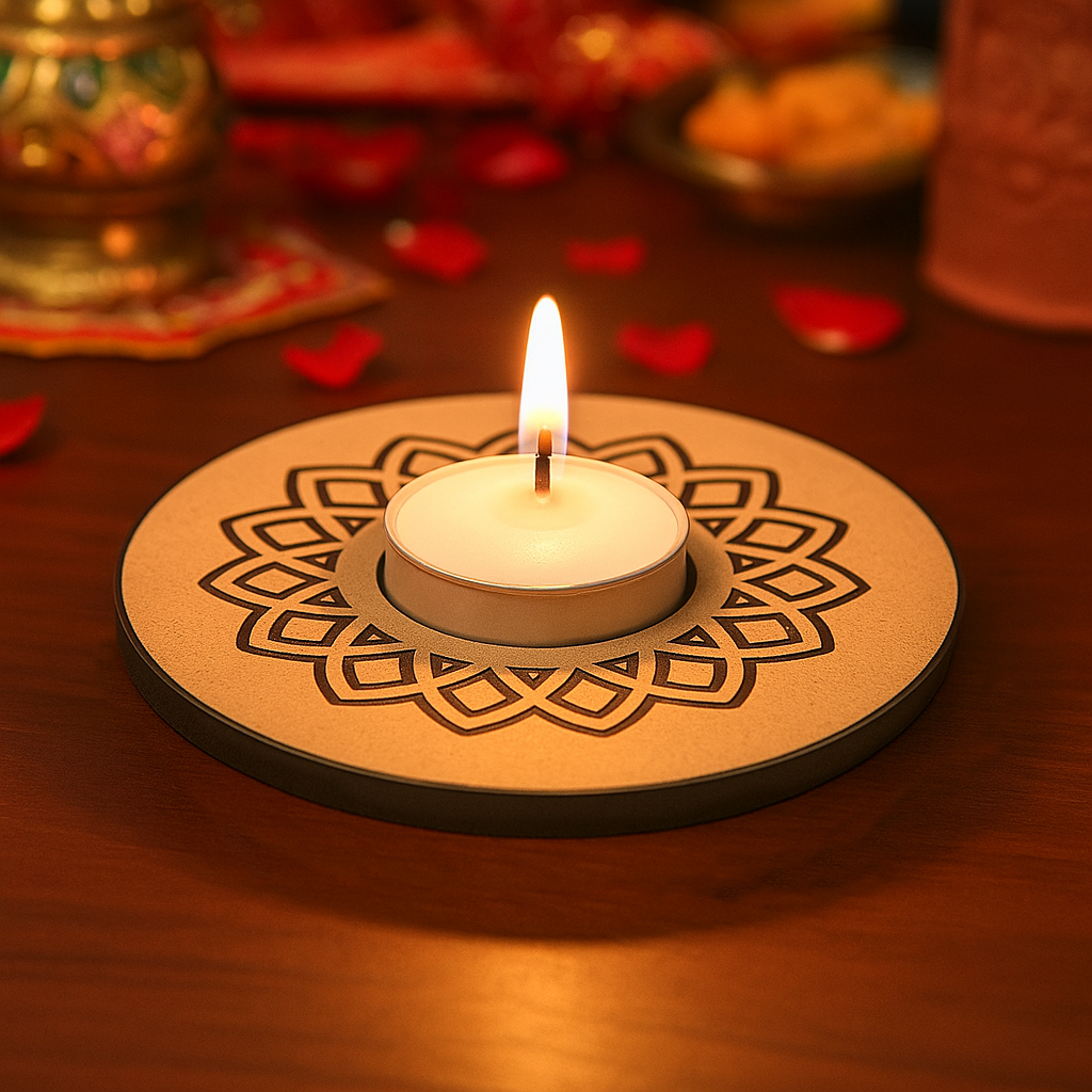 Candle on a decorative wooden coaster with intricate patterns, set against a warm, blurred background with mdf tealight candle holder.