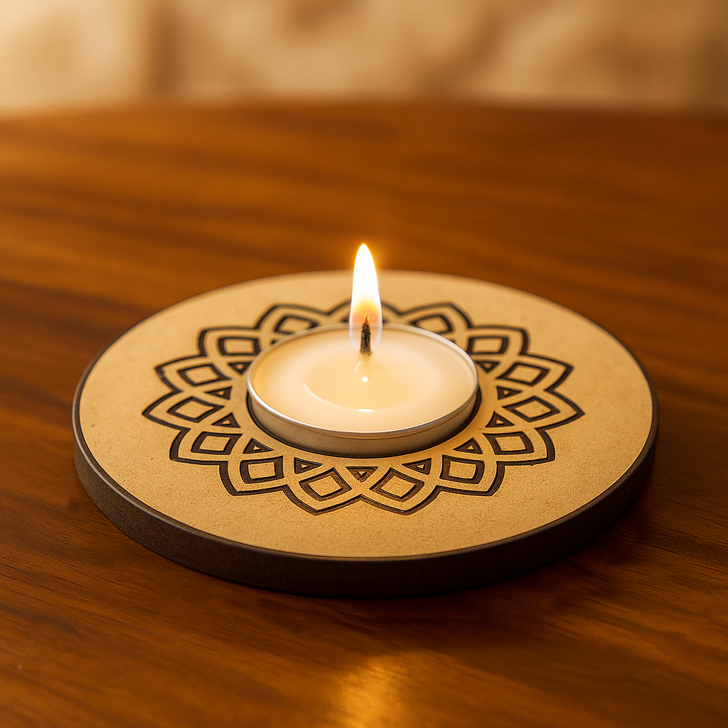 Candle on a decorative wooden coaster with intricate patterns on a wooden surface with mdf tealight candle holder.