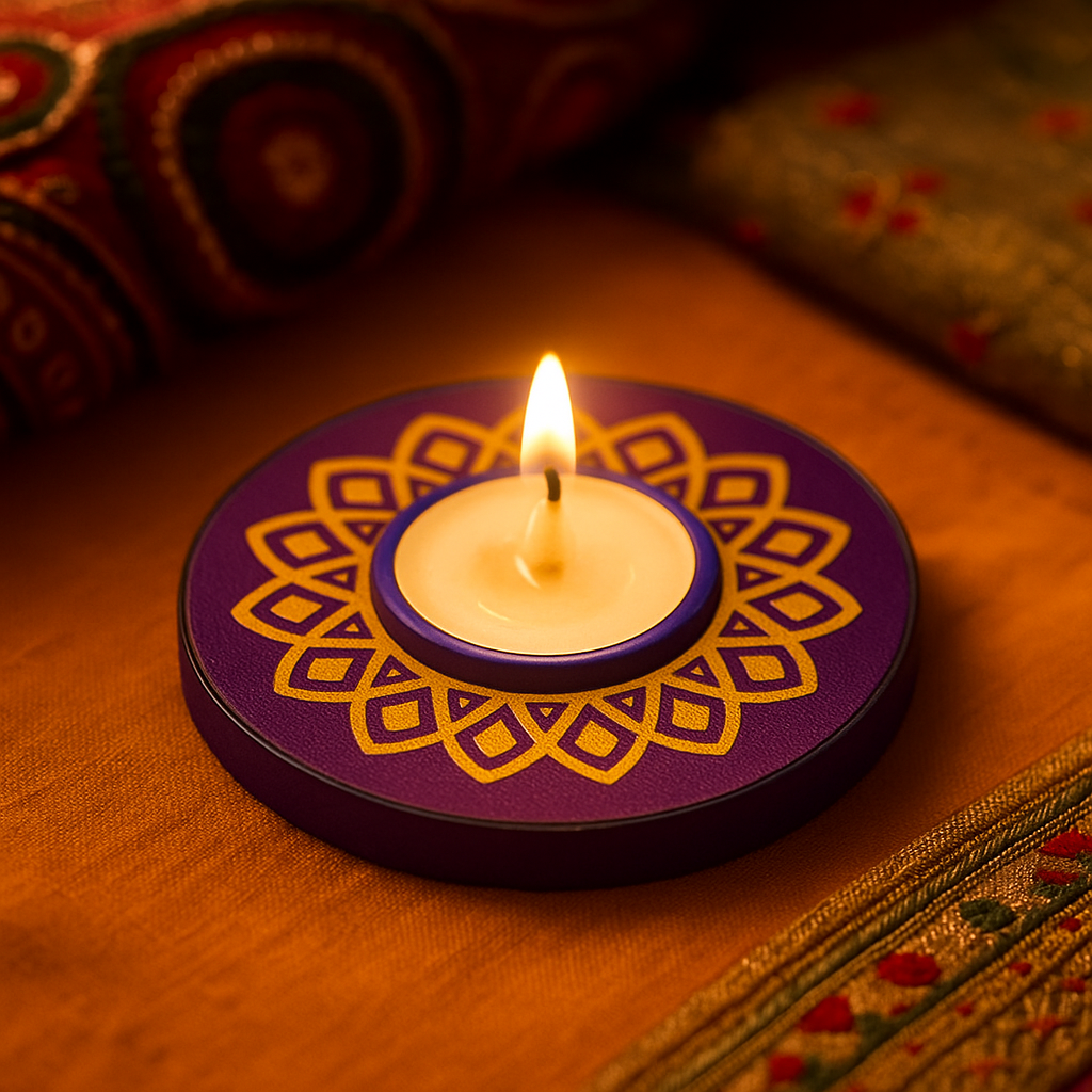 Candle on a decorative purple coaster with intricate gold patterns, placed on a wooden surface with handpainted mdf tealight candle holder.