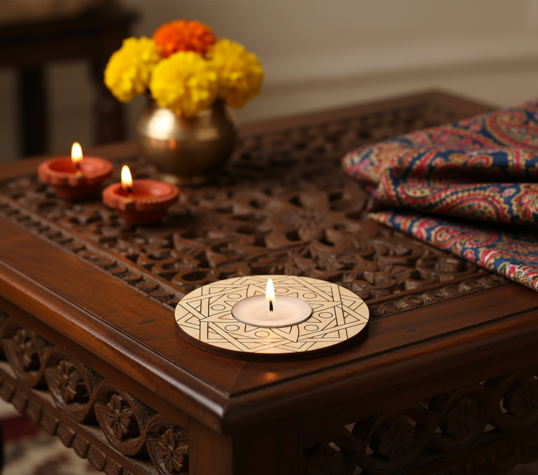 Decorative candles on a wooden table with flowers and fabric in the background with mdf tealight candle holder.