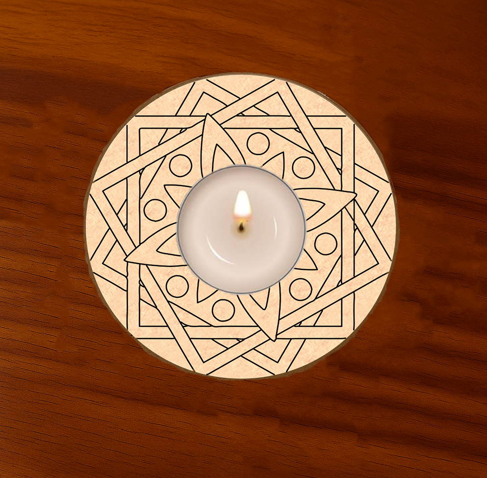 Geometric engraved round MDF T-Light Candle Holder with tealight candle glowing 