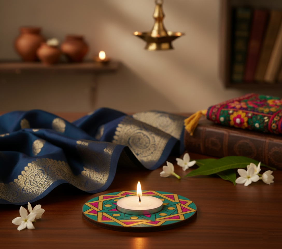 Decorative candle holder with flowers on a wooden table, with a blue saree and traditional decor in the background with handpainted mdf tealight candle holder.