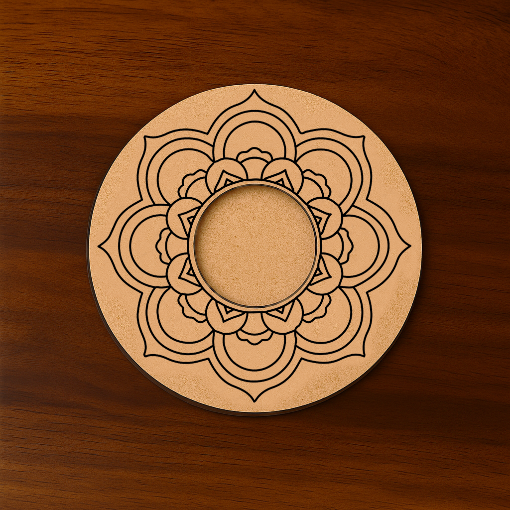 Lotus mandala engraved MDF round T-Light Candle Holder 