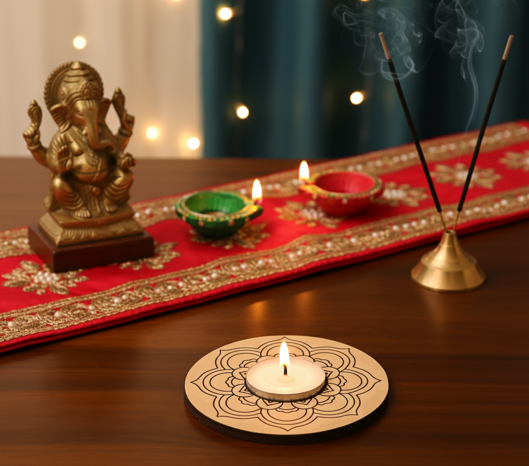 Decorative setup with a statue, candles, and incense on a table with mdf tealight candle holder.