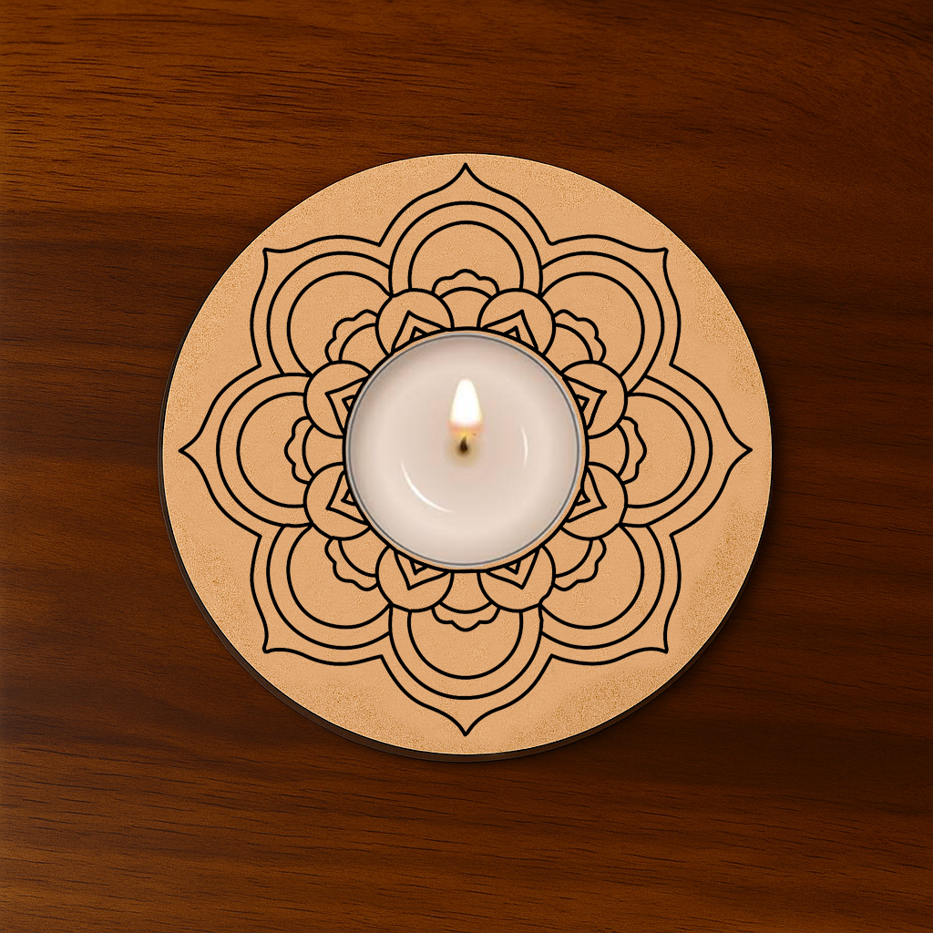 Lotus mandala engraved MDF round T-Light Candle Holder with burning tealight 