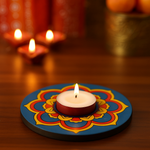 Decorative candle holder with a lit candle on a wooden surface, with blurred candles in the background with handpainted mdf tealight candle holder.