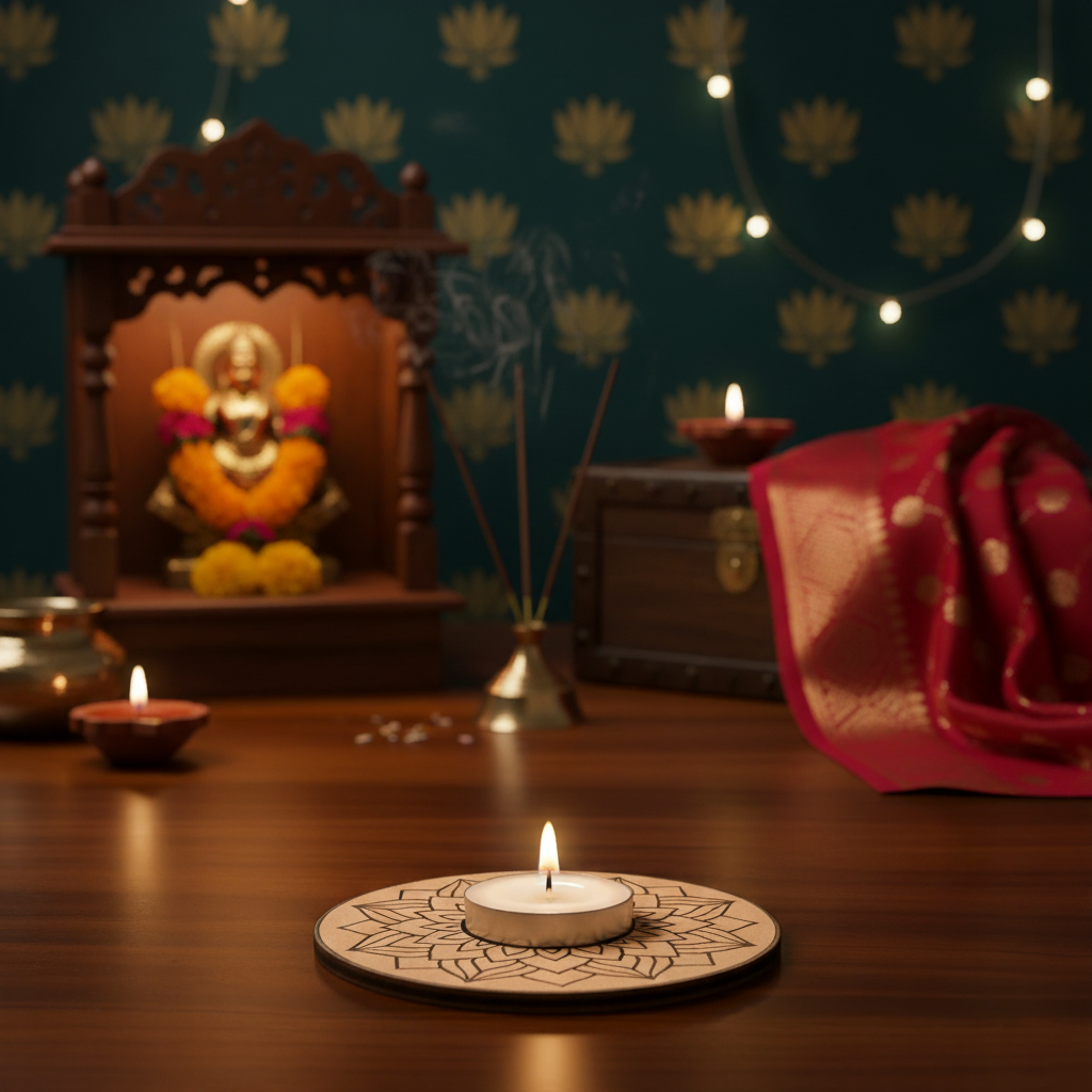 Candlelit altar with神像, incense, and decorative items on a wooden table with mdf tealight candle holder.