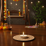 Candle on a wooden coaster with decorative elements in a cozy indoor setting with mdf tealight candle holder.