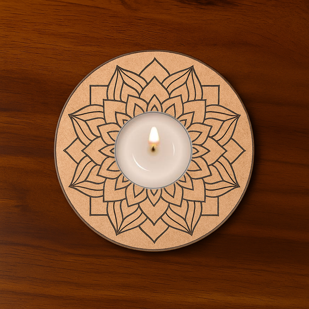 Floral mandala engraved round MDF T-Light Candle Holder with glowing tealight 