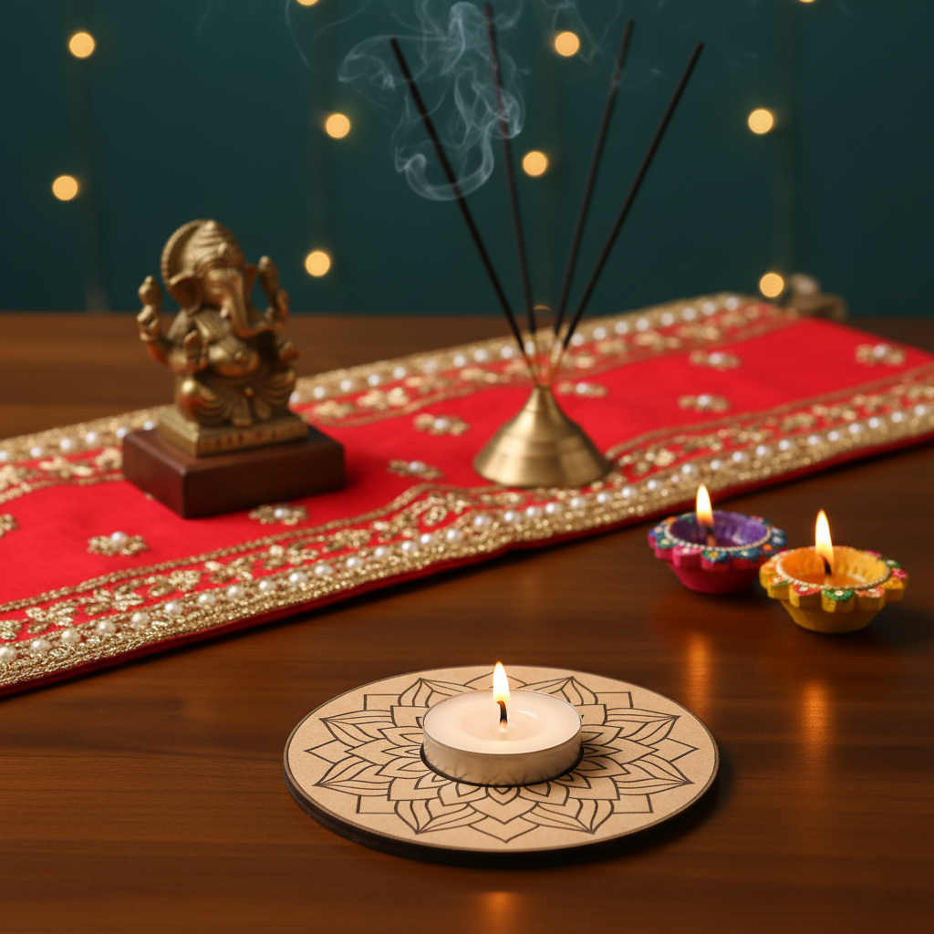 Decorative setup with a statue, incense sticks, and lit candles on a wooden surface with mdf tealight candle holder.