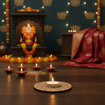 Decorative setup with lit candles, a deity idol, and colorful decorations on a wooden surface with mdf tealight candle holder.