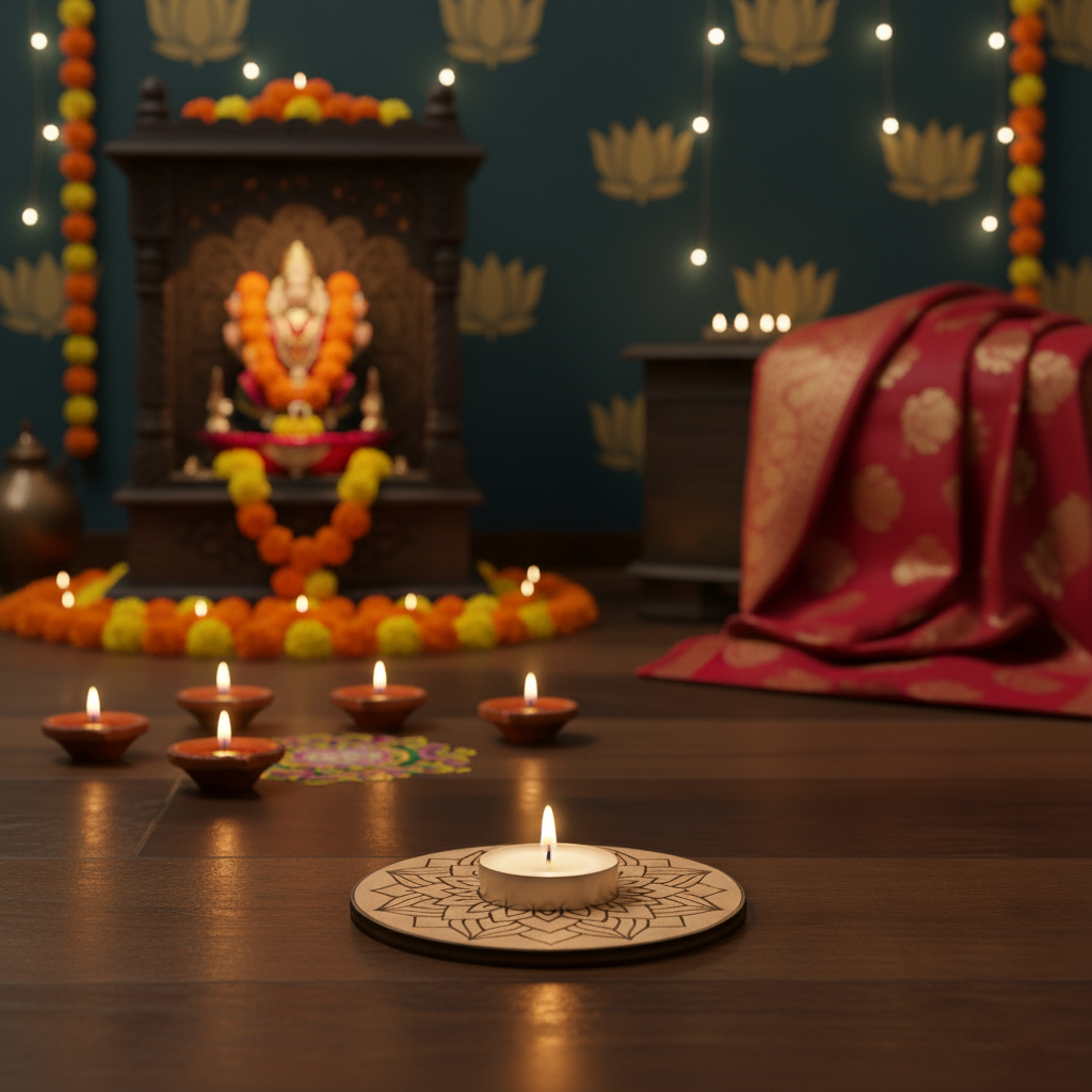 Decorative setup with lit candles, a deity idol, and colorful decorations on a wooden surface with mdf tealight candle holder.