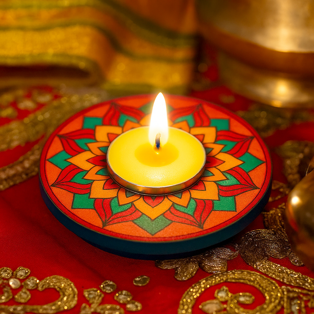 Decorative candle holder with a lit candle on a colorful background with handpainted mdf tealight candle holder.